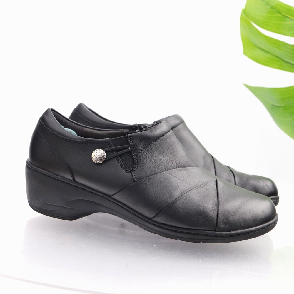 Clarks Shoes Womens Channing Loafers Size 9 WIDE Black Leather Comfort Booties